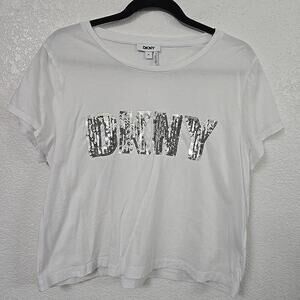 DKNY Women's Size Xl Whit  Solid Cotton Crew Neck Regular Fit